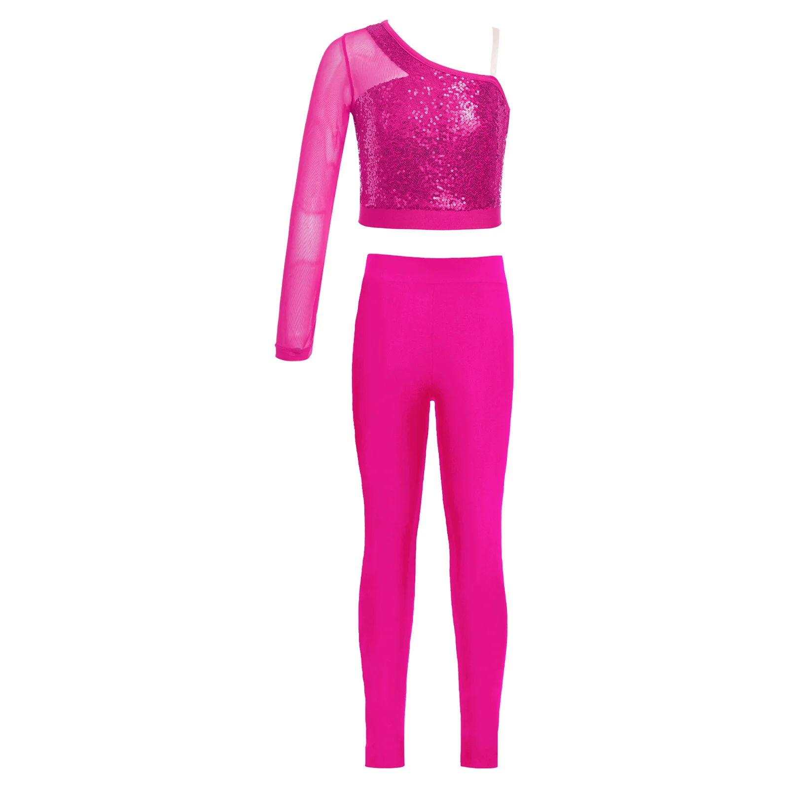 Disfraz de baile de Jazz para niños y niñas, Top de manga larga de malla transparente con lentejuelas brillantes, Leggings elásticos, pantalones,