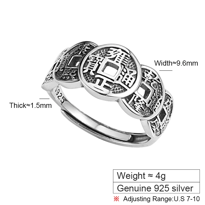 ZABRA 925 Silver Five Emperors Coin Ring for Men and Women Vintage Benmingnian Index Finger Ring Gift