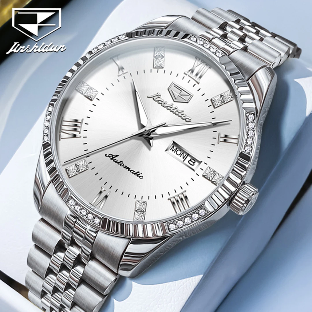 

JSDUN 8970 Fashion Mechanical Watch Gift Stainless Steel Watchband Round-dial Wristwatch Week Display Calendar