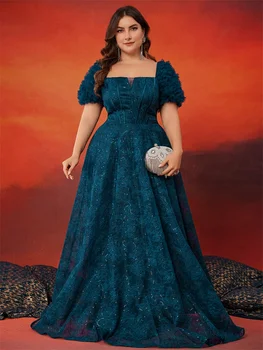 Lucyinlove 플러스 사이즈 블루 우아한 반팔 스팽글 이브닝 원피스 여성용 럭셔리 스플릿 파티 무도회 칵테일 드레스 가운