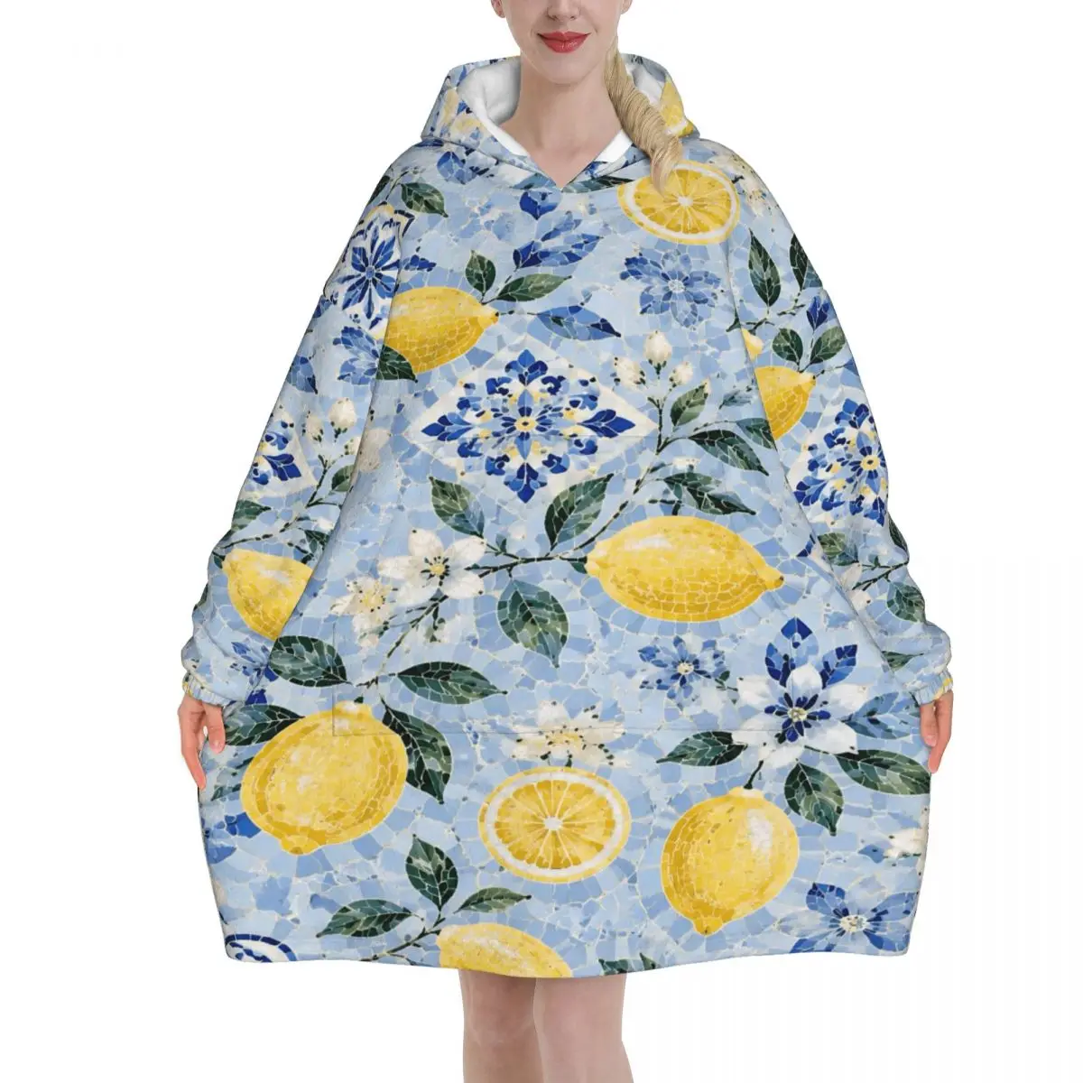 Lemon Sicily Rectangle Wearable Blanket Hoodie Warm Cozy Large Blanket Sweatshirt Thick Fleece Hooded Blanket with Pocket
