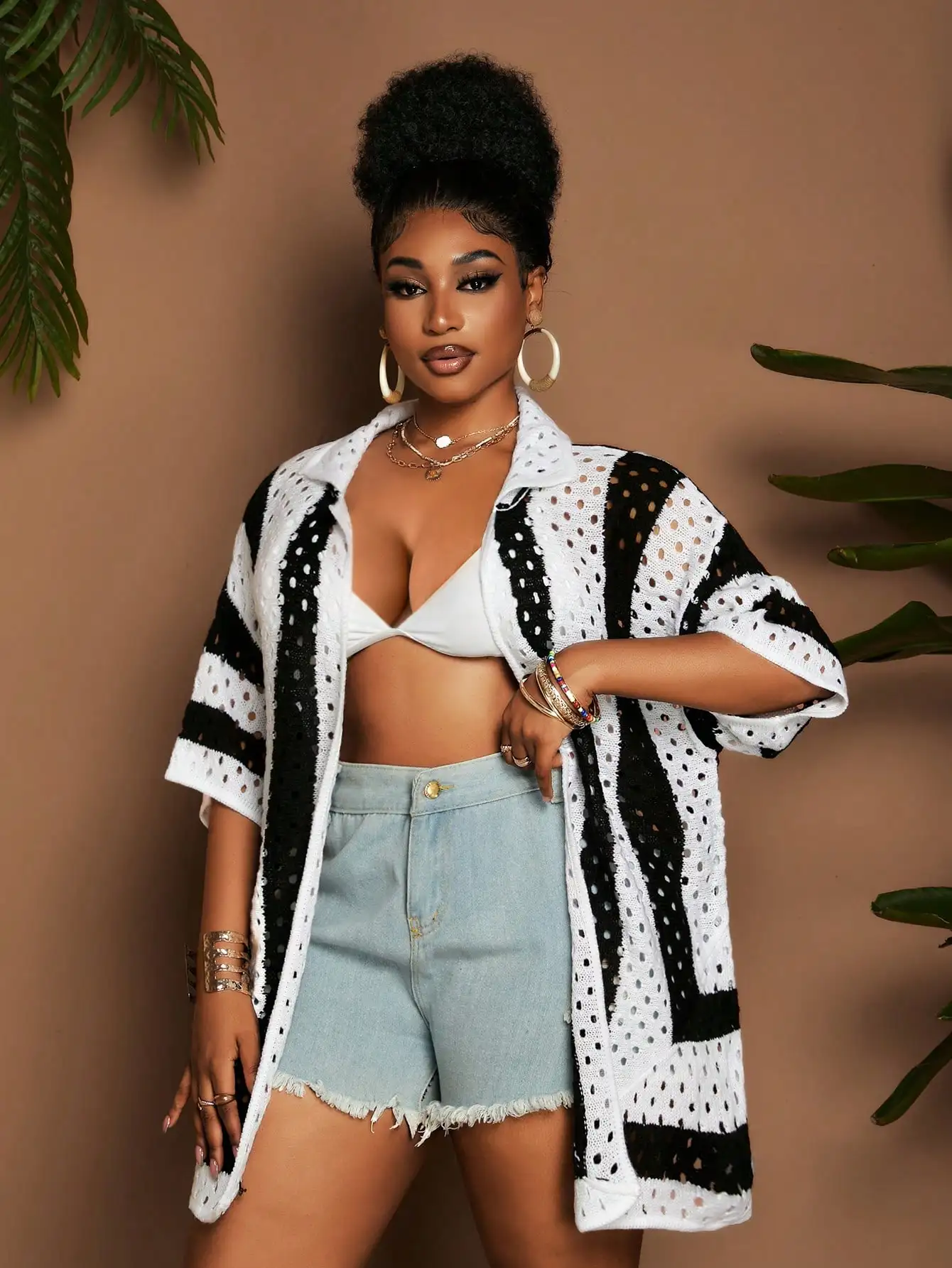 

Черно-белый полосатый ажурный кардиган свободного кроя с рукавом 3/4, повседневный, женский