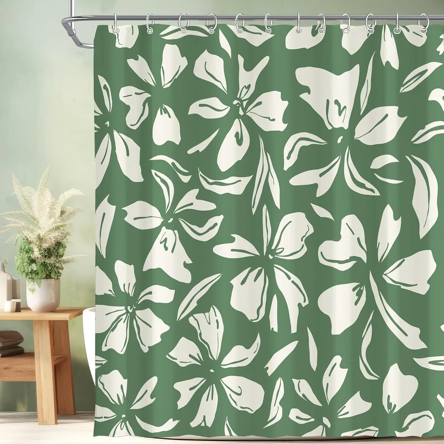 

Green Floral Shower Curtain White Flowers Pattern Bathroom Decor Modern Design Tropical Style Nature Inspired Elegant Look Bath