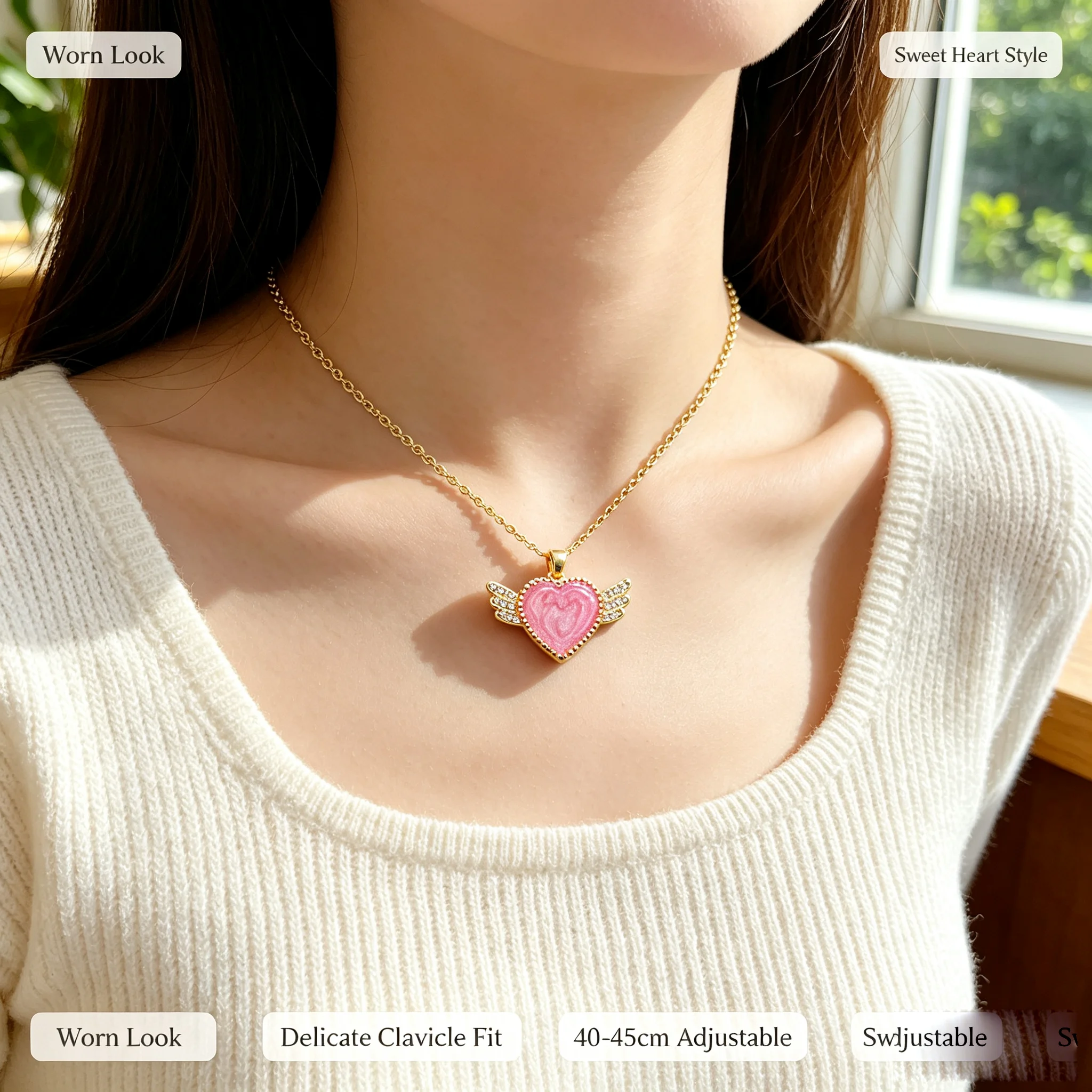 Women Vintage Angel Wing Pink Heart Necklace Gold Tone Accessory Daily Commute Wedding Anniversary Gifts  for Young Lady