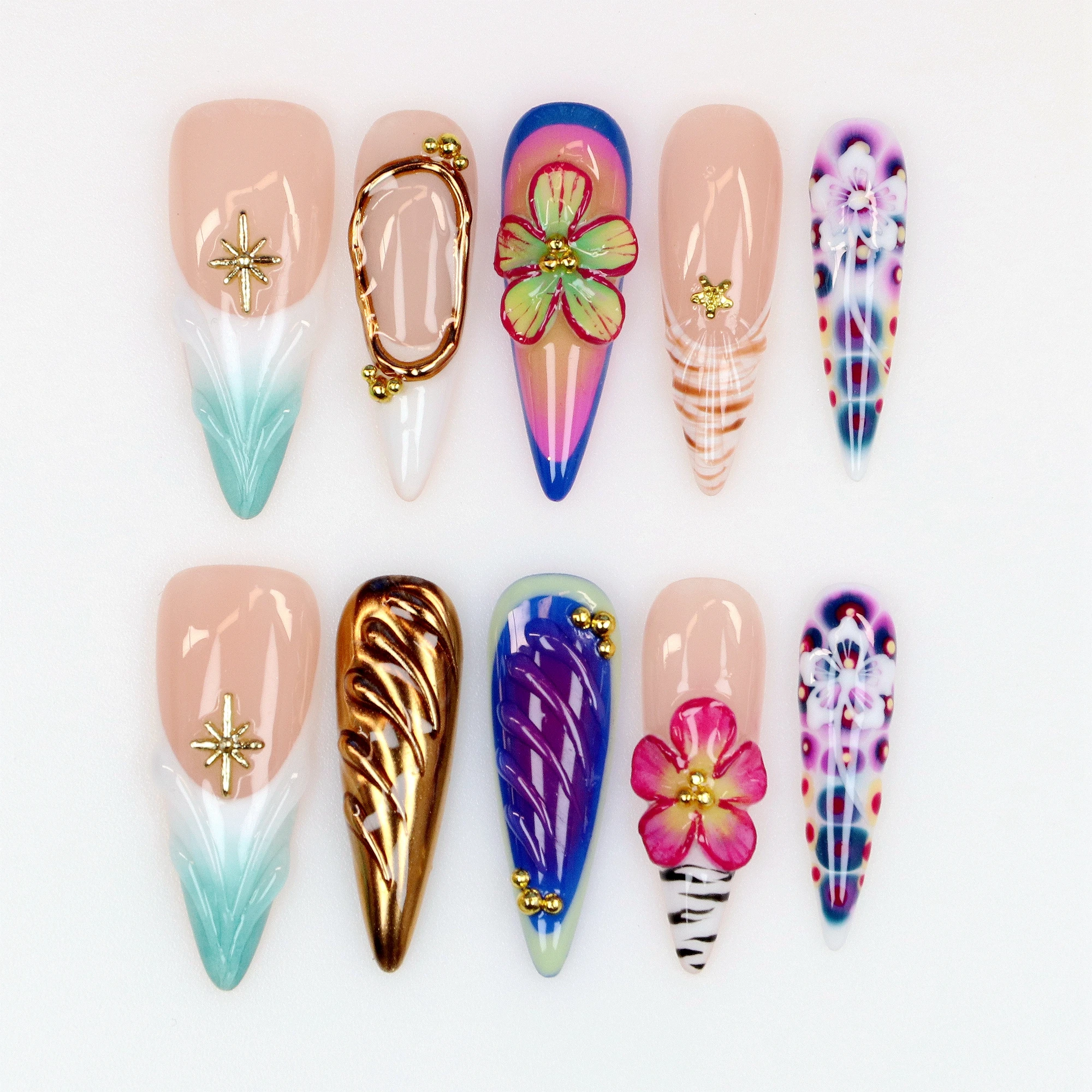 

10Pcs Elegant Custom Design Handpainte Long Stiletto Press On Nails,Luxury Regal Beautiful Y2K Flowers Stained Press On Nails