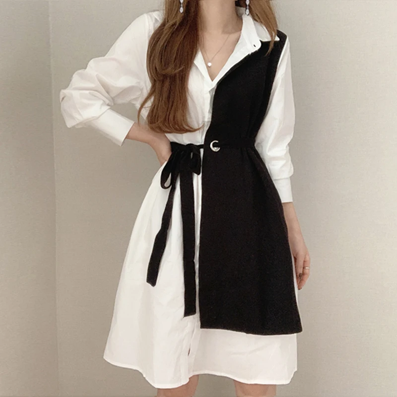 Koreańskie modne sukienki 2025 Odzież damska Elegancka i szykowna sukienka Color Block Design Sukienka z paskiem Patchwork Casual Shirt Dress