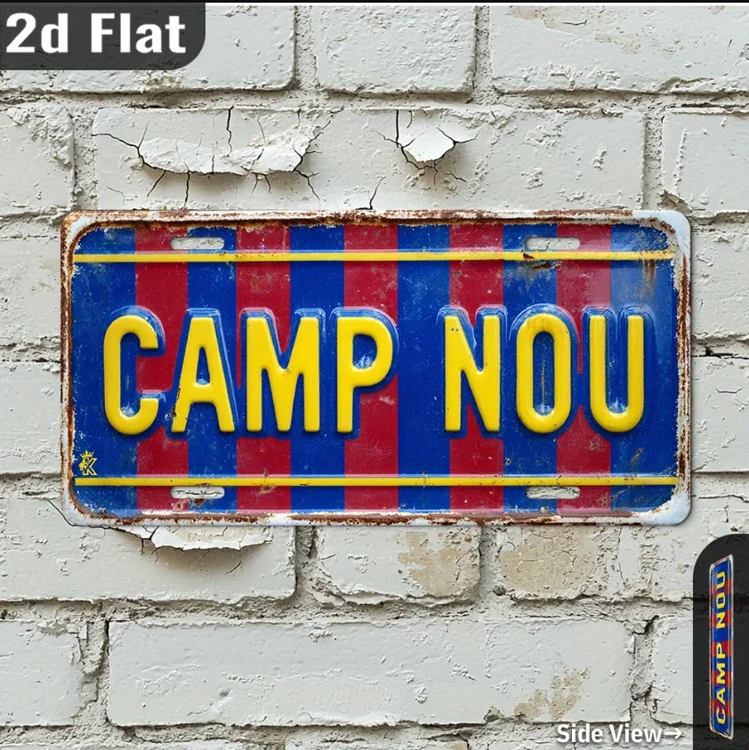 Placa de matrícula de fútbol vintage plana 2D, 1 pieza, arte de pared de metal estilo Barcelona inspirado en Camp Nou en azul, rojo, amarillo, duradero