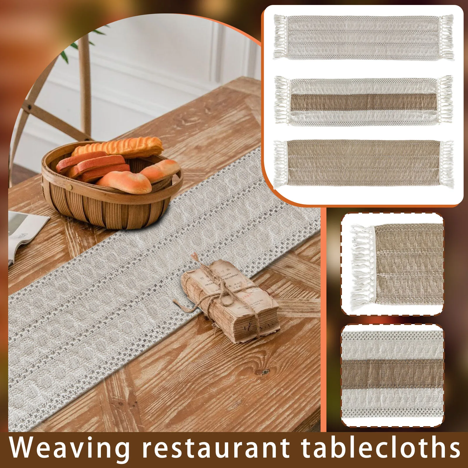 Simple Splicing Cotton Linen Table Runner Hollow Out Woven Tablecloth with Long Tassels Dining Table Decoration