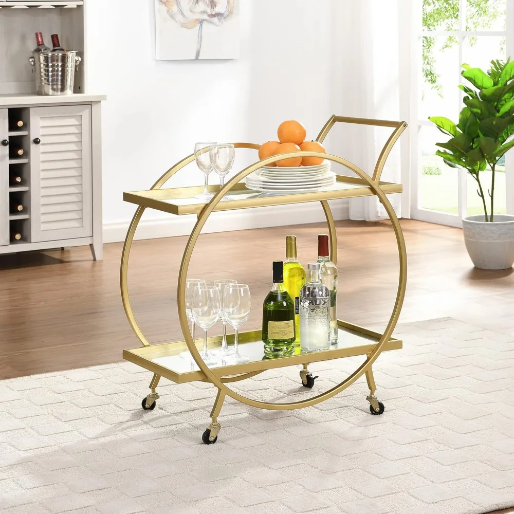 

Gold Odessa Bar Cart, 2 Tier Mobile Mini Bar, Kitchen Serving Cart and Coffee Station with Storage for Liquor, Me