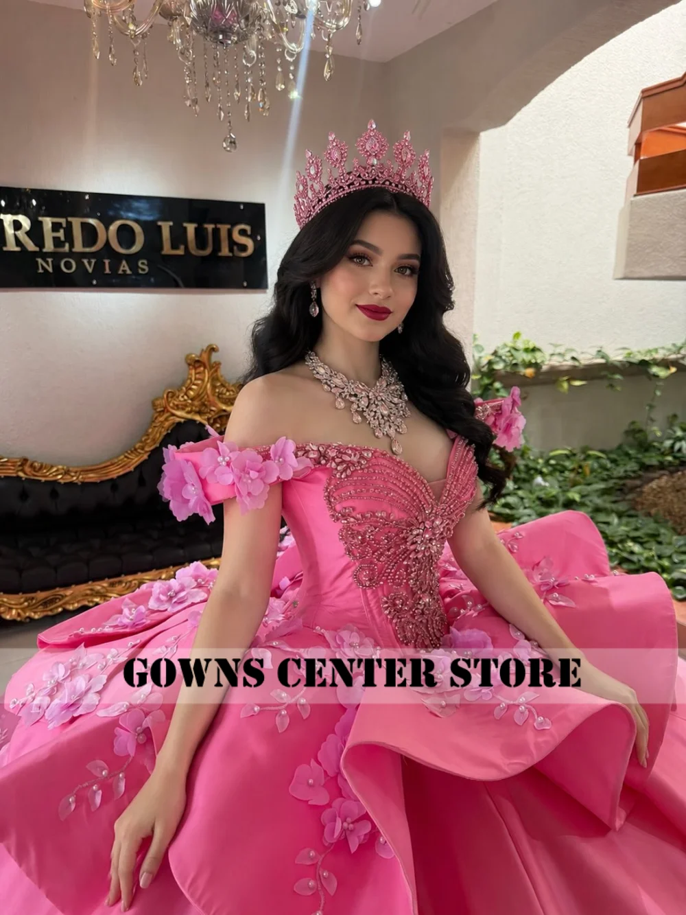 Pink Flowers Train Quinceanera Dresses Sweet 15 Off The Shoulder Beaded Mexican Puff Ball Gown Graduation Party Dress Customized
