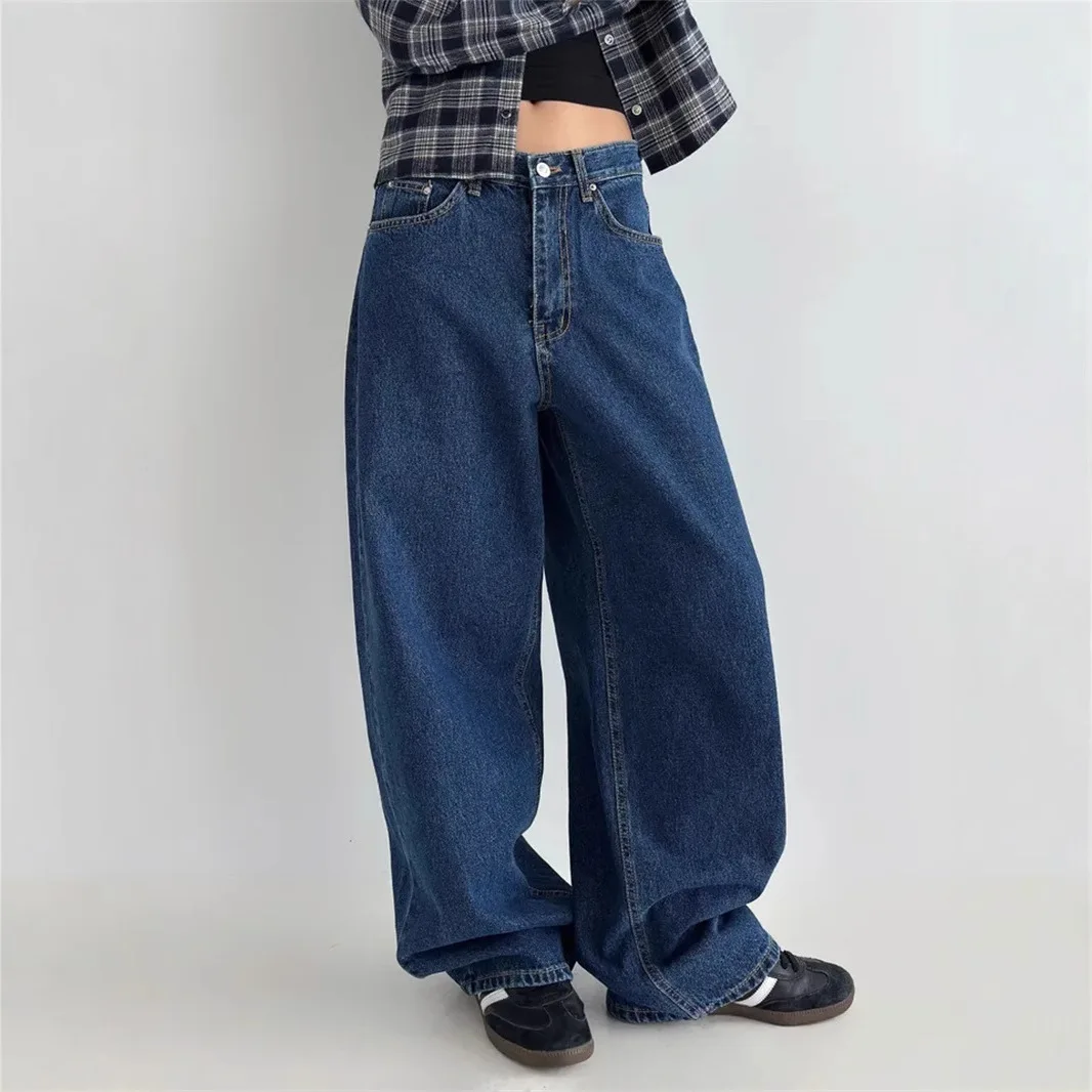 

Early Spring New Arrival Korean Style Retro Versatile Basic Classic Simple Wide-Leg Pants Dark Blue Denim Trousers for Women