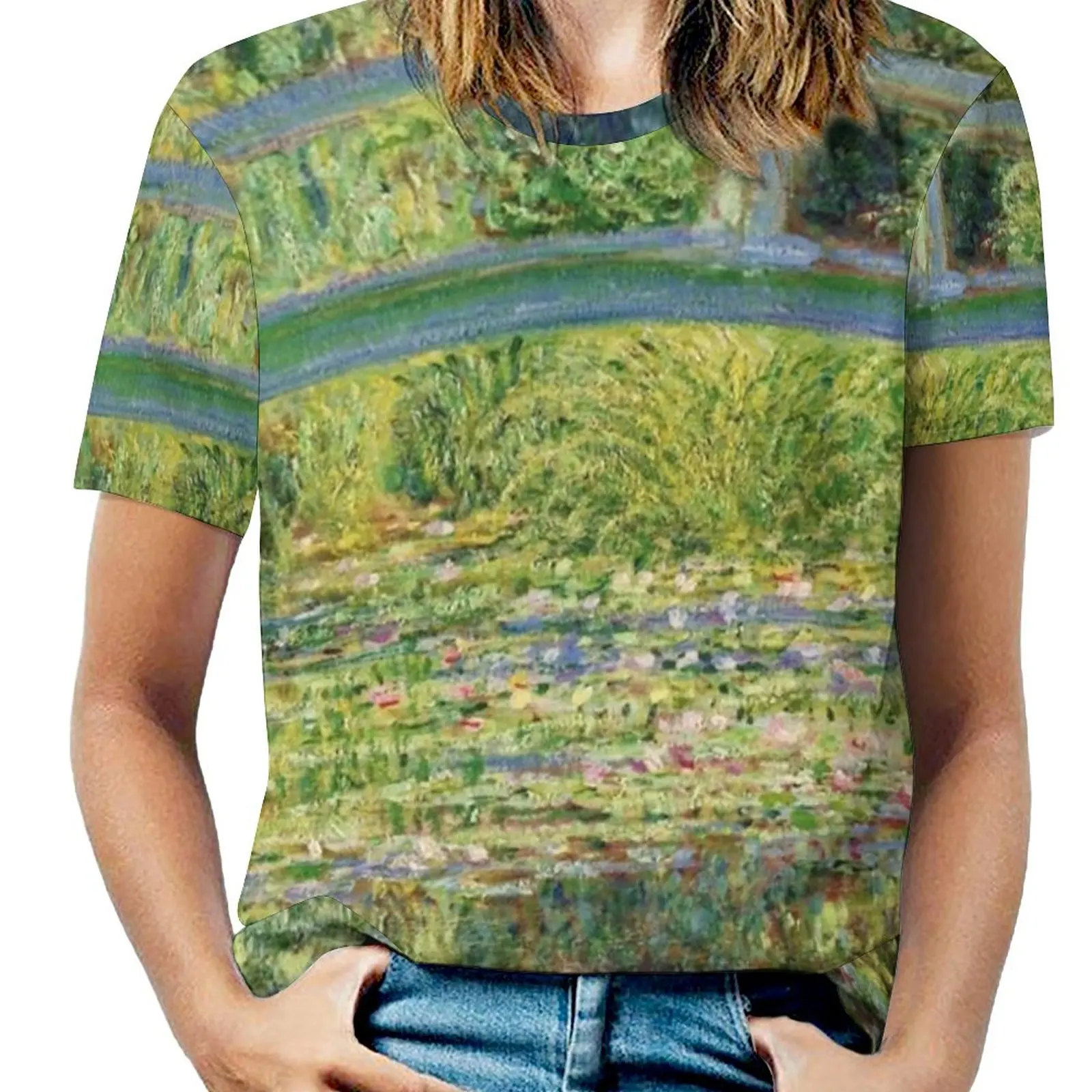 Claude-Water-Lily Pond Fashion Print Women Ladies Girls T-Shirt Harajuku Round Neck Short Sleeve Tops & Tees Claude