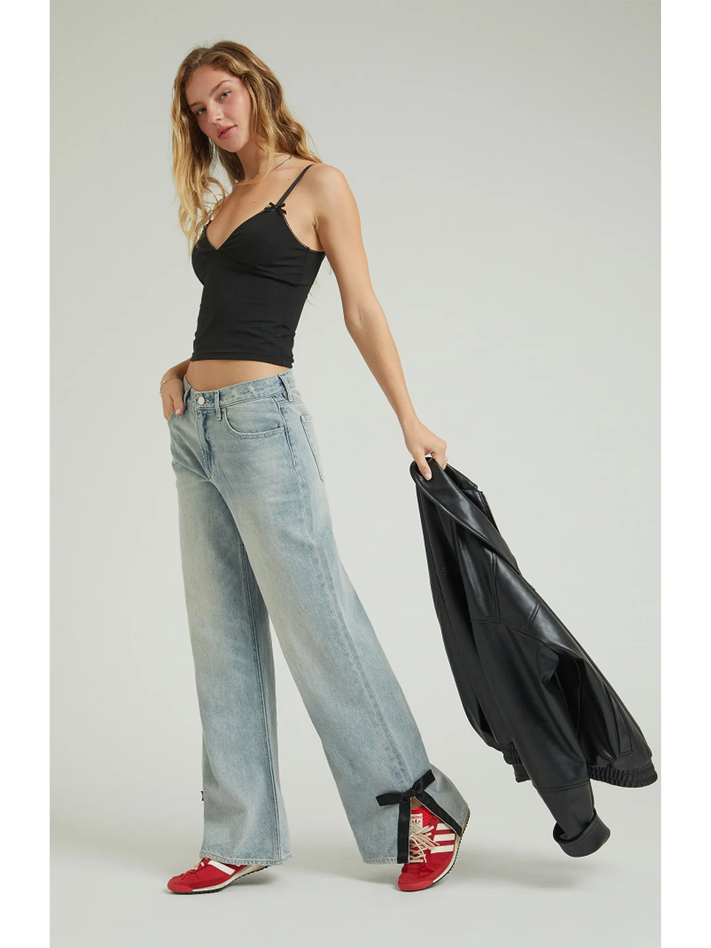 

Ultra Loose Straight Leg Jeans Low Waist Knot Wide Leg Light Indigo Color Women's Premium Denim Pants Casual Trousers