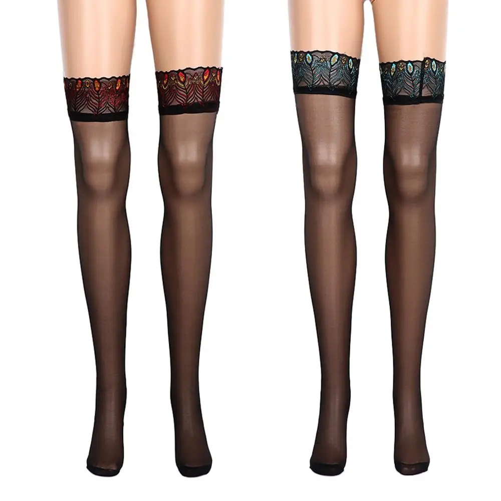 

Elastic Sexy Embroidery Lace Leg Lingerie for Women Ladies Over Knee Stockings Thigh Highs Peacock Feathers Stocking Striped