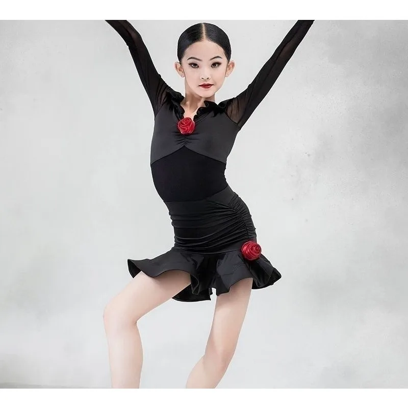 Traje de baile profesional para niños con baile otoño nueva práctica de baile latino traje de práctica de manga larga para niñas