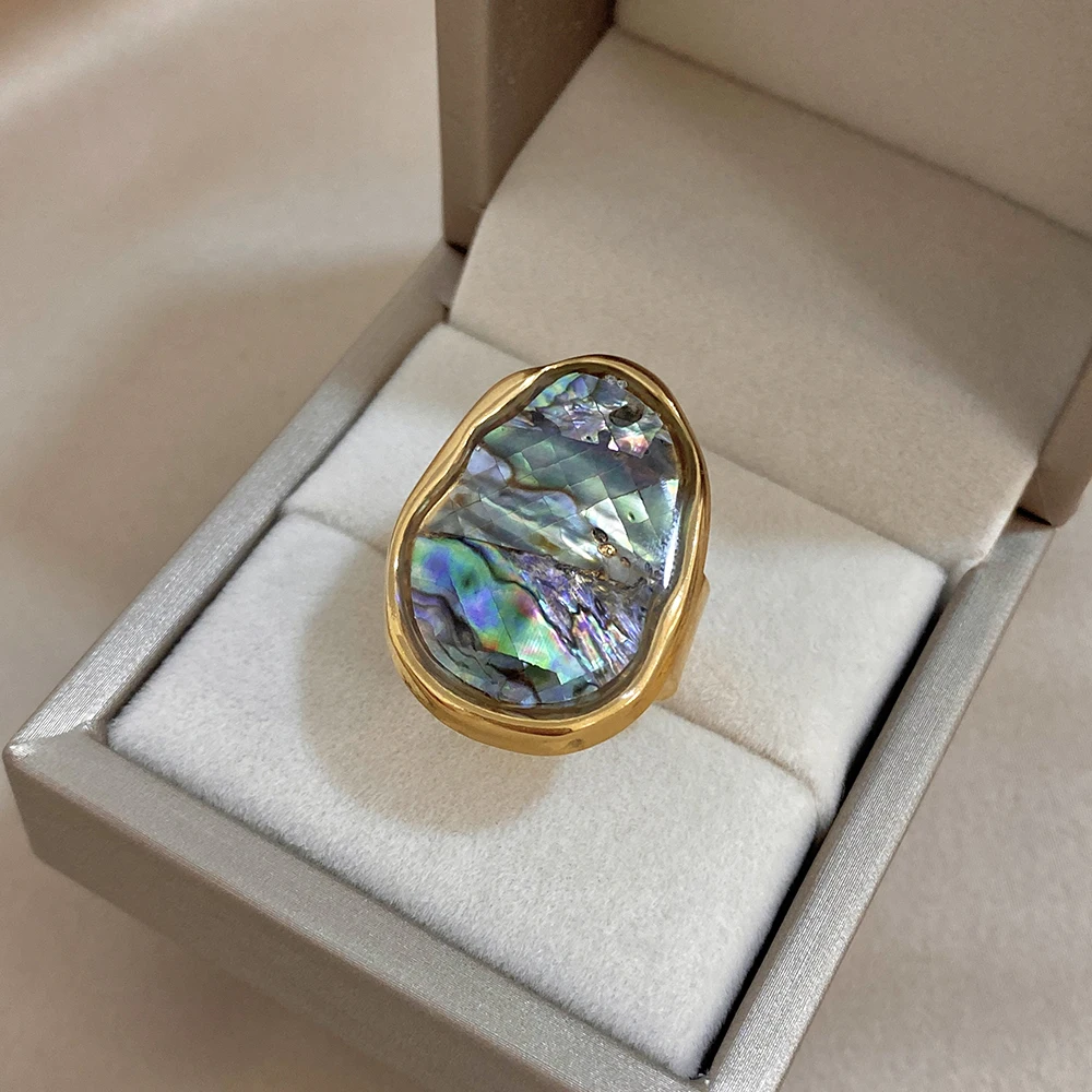 Delicate Natural Abalone Shell Finger Rings for Women Irregular Gold Plated Stainless Steel Chunky Rings Summer Jewelry Gifts