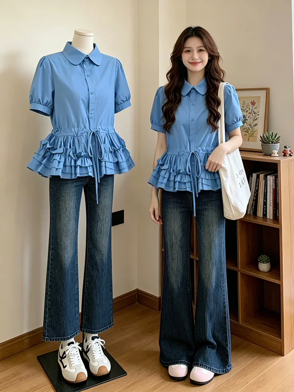 

Klein Blue Short Sleeve Shirt Women's Summer New Large Size Fat MM Lace Hem Doll Shirt Top Korean Style Bubble Sleeve Loose Fit