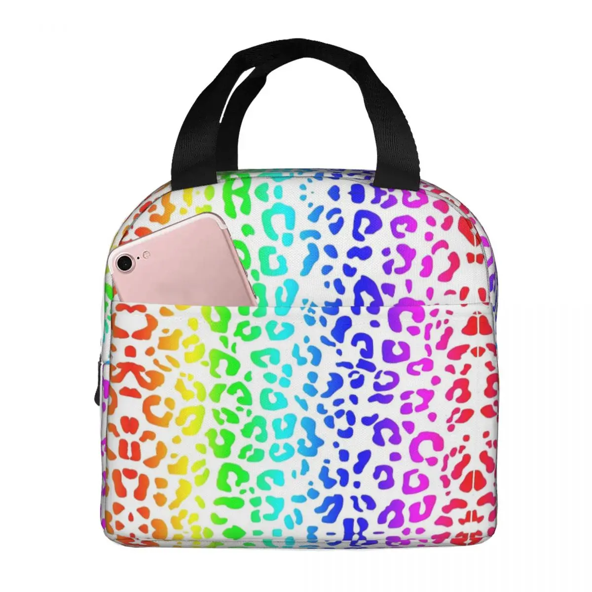 Rainbow And White Spots Leopard Print Lunch Bags Insulated Bento Box Portable Lunch Tote Resuable Picnic Bags Cooler Thermal Bag