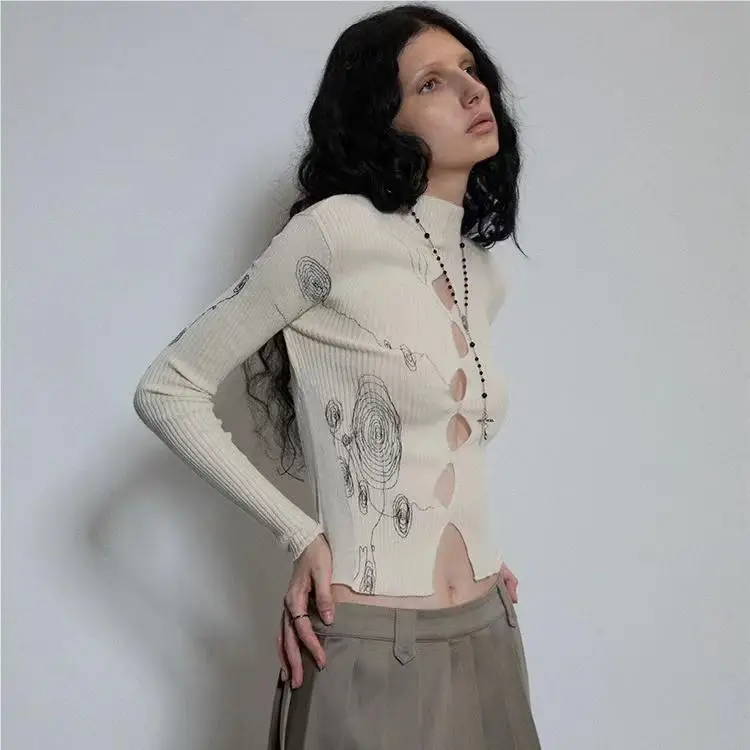 Knitwear Openwork Printing Slim Half-High-Necked Long-Sleeved Unique Chic Top Spring And Autumn New Sweater