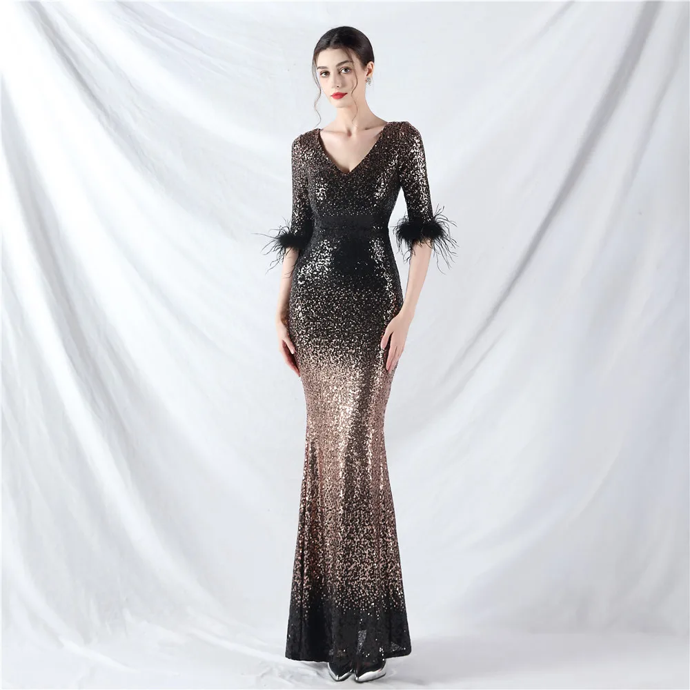 Bling Long Mermaid 2024 Evening Dress Half Sleeves V Neck Feathers Sequined Women Occasion Prom Party Gowns Dropshipping