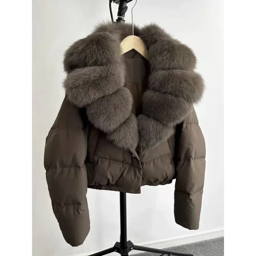 Короткая куртка-пуховик, новая толстая большая куртка из натурального лисьего меха, женская осенне-зимняя женская белая куртка на утином пуху
