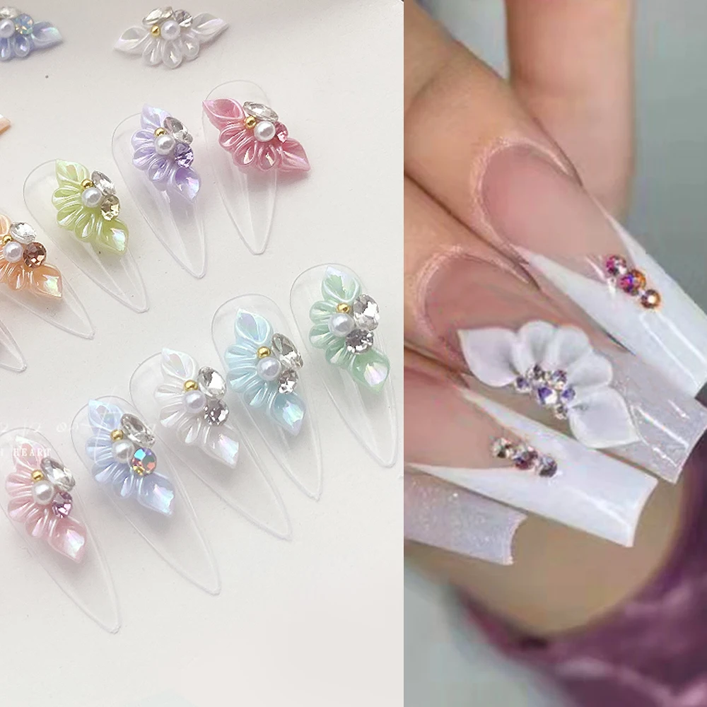 10PCS Side Flower 3D Acrylic Flowers Nail Art Decoration (With Pearl Rhinestone) Floret Nail Jewelry 3D Flower Petal Scale Style