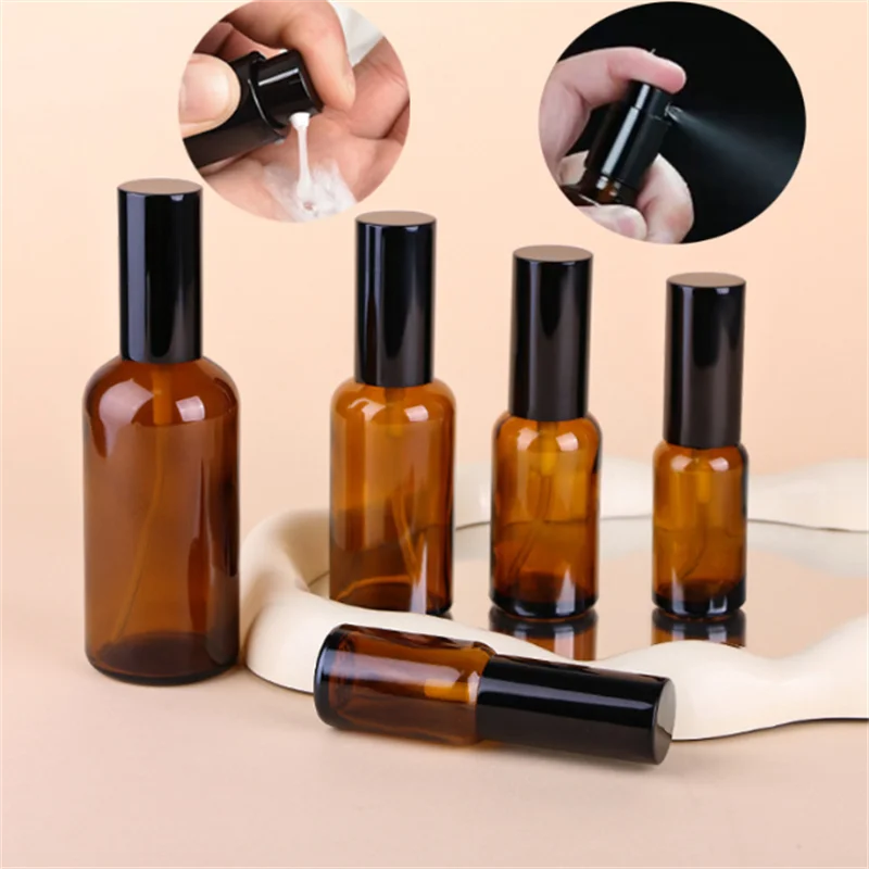 Bouteille d'huile essentielle ambre de 15ml 20ml 30ml 50ml 100ml, pulvérisateur, bouteille d'atomisation, bouteille de parfum en verre, bouteille rechargeable de voyage