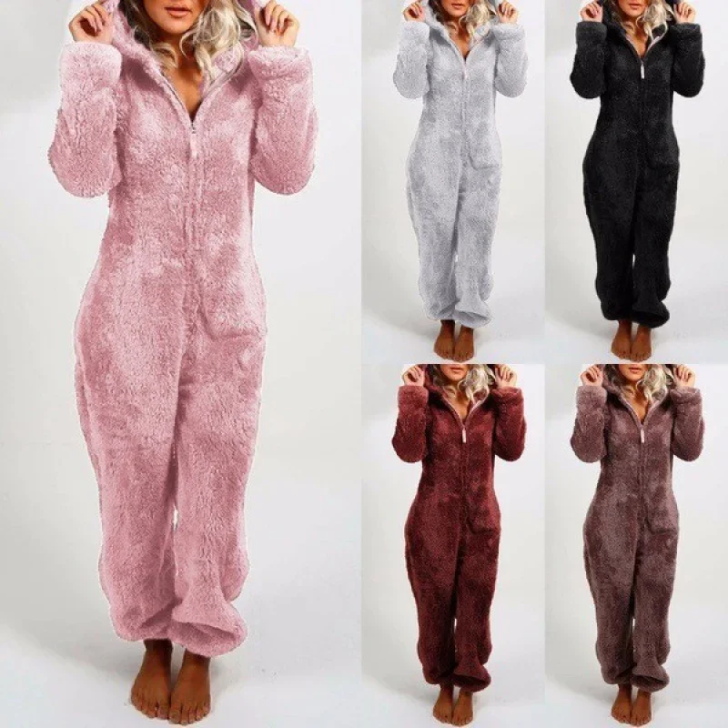 2023 New Women's Autumn/Winter Fleece-Lined Thickened Jumpsuit Hooded Sleepwear Cross-Border Foreign Trade Female Clothing