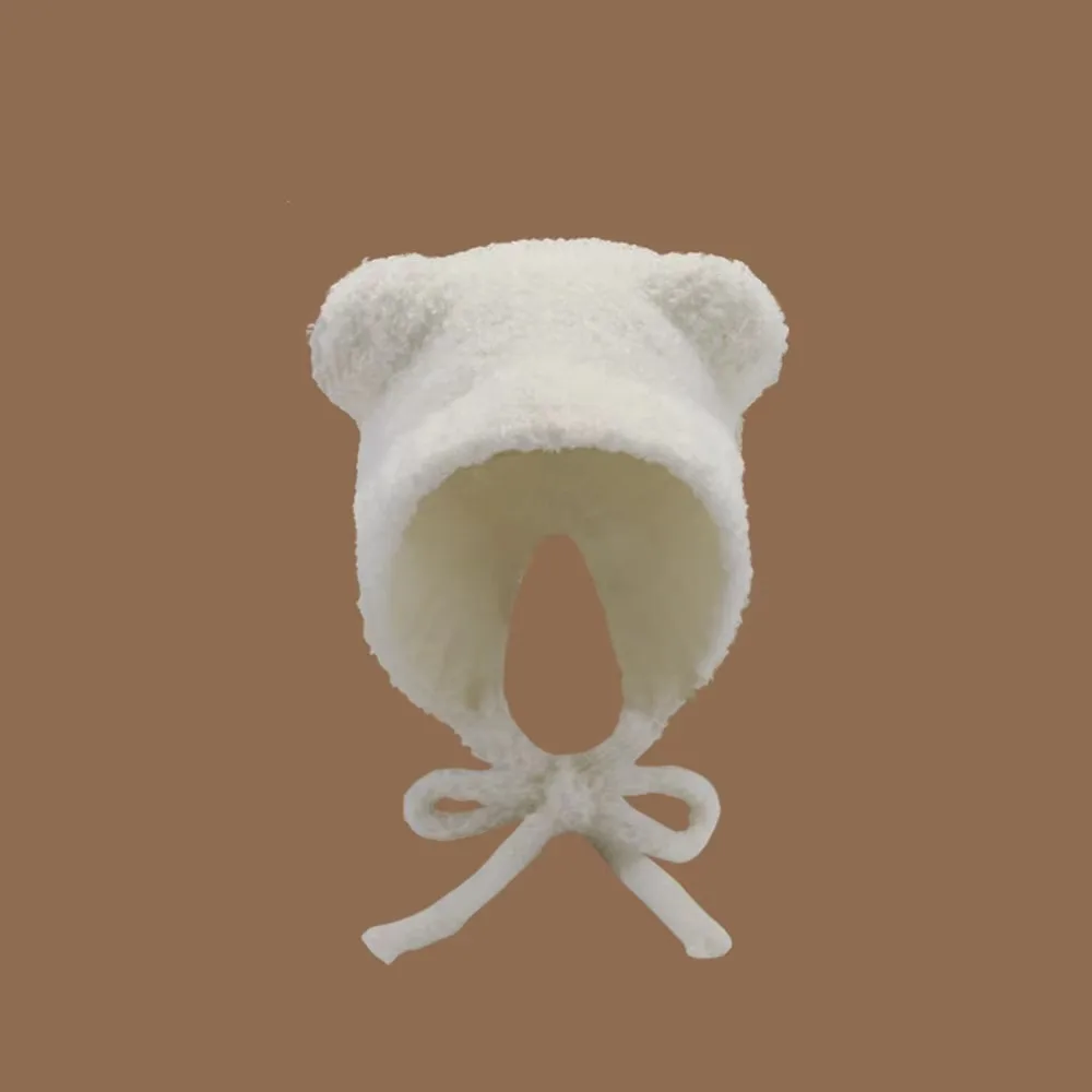 Cute Y2k Bear Ear Wool Hat Ear Protection Warm Beanies Cap Lace up With Rope Knitted Bomber Cap