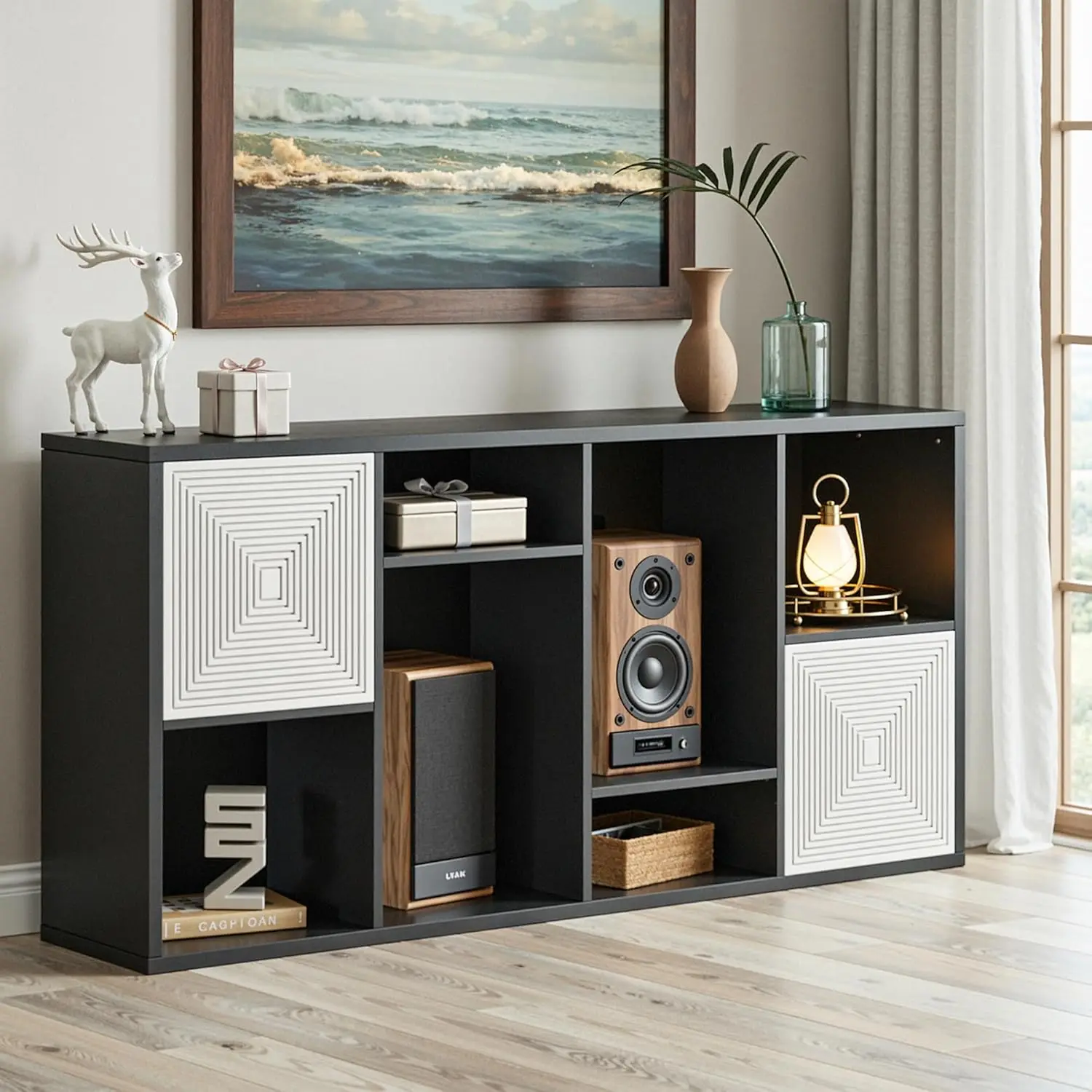 

8 Cube Wooden Storage Organizer with Doors Adjustable Shelves Multipurpose Display Cabinet Living Office Black Customized