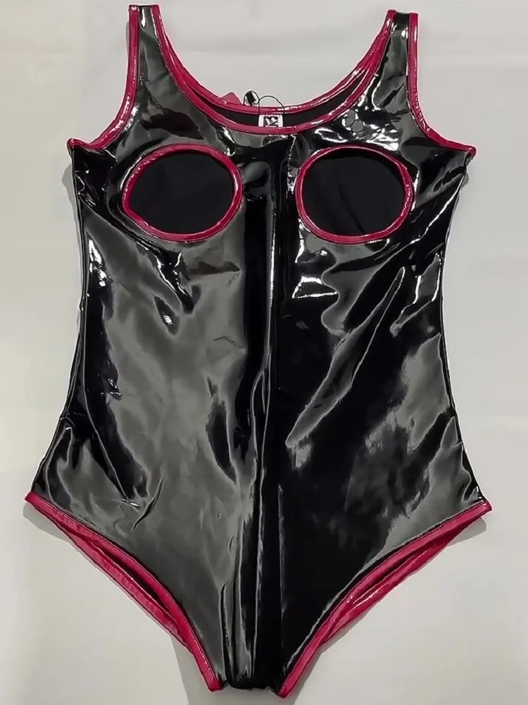 Female Hollow Out Bust Zip Open Crotch Jumpsuits Faux Leather Bodysuit Swimwear One-Piece Vest PVC Straitjacket Chest Hollowing