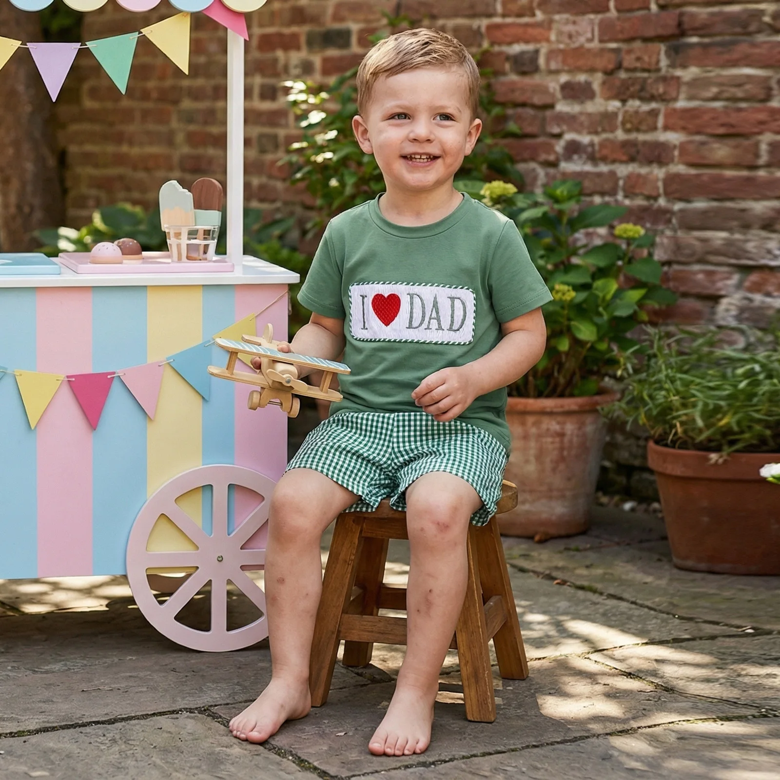 Toddler Baby Boy Summer Outfit Letter Heart Embroidered Crew Neck Short Sleeve Vest Tops Plaid Shorts 2 Pcs Set