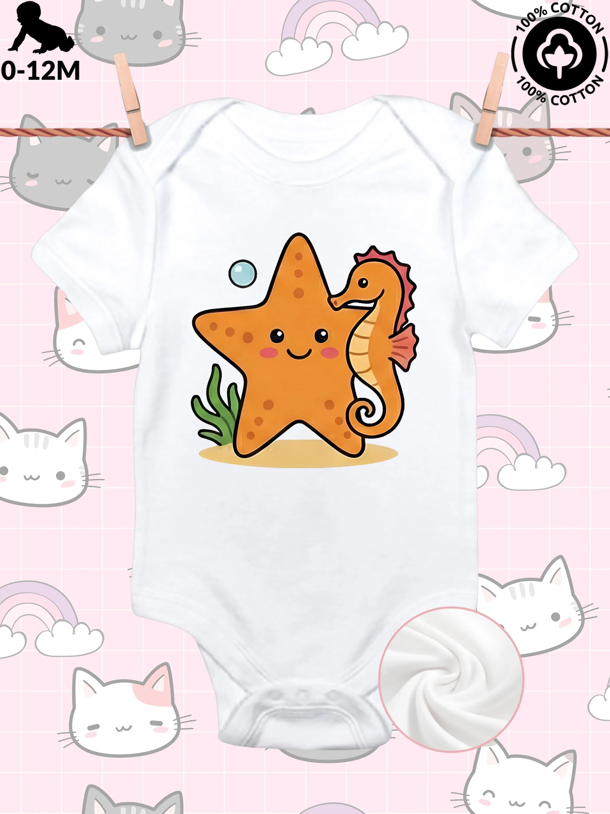 

Милый детский костюм унисекс с морской звездой и морским коньком, мягкий комбинезон из чистого хлопка, всесезонный белый боди 190GSM