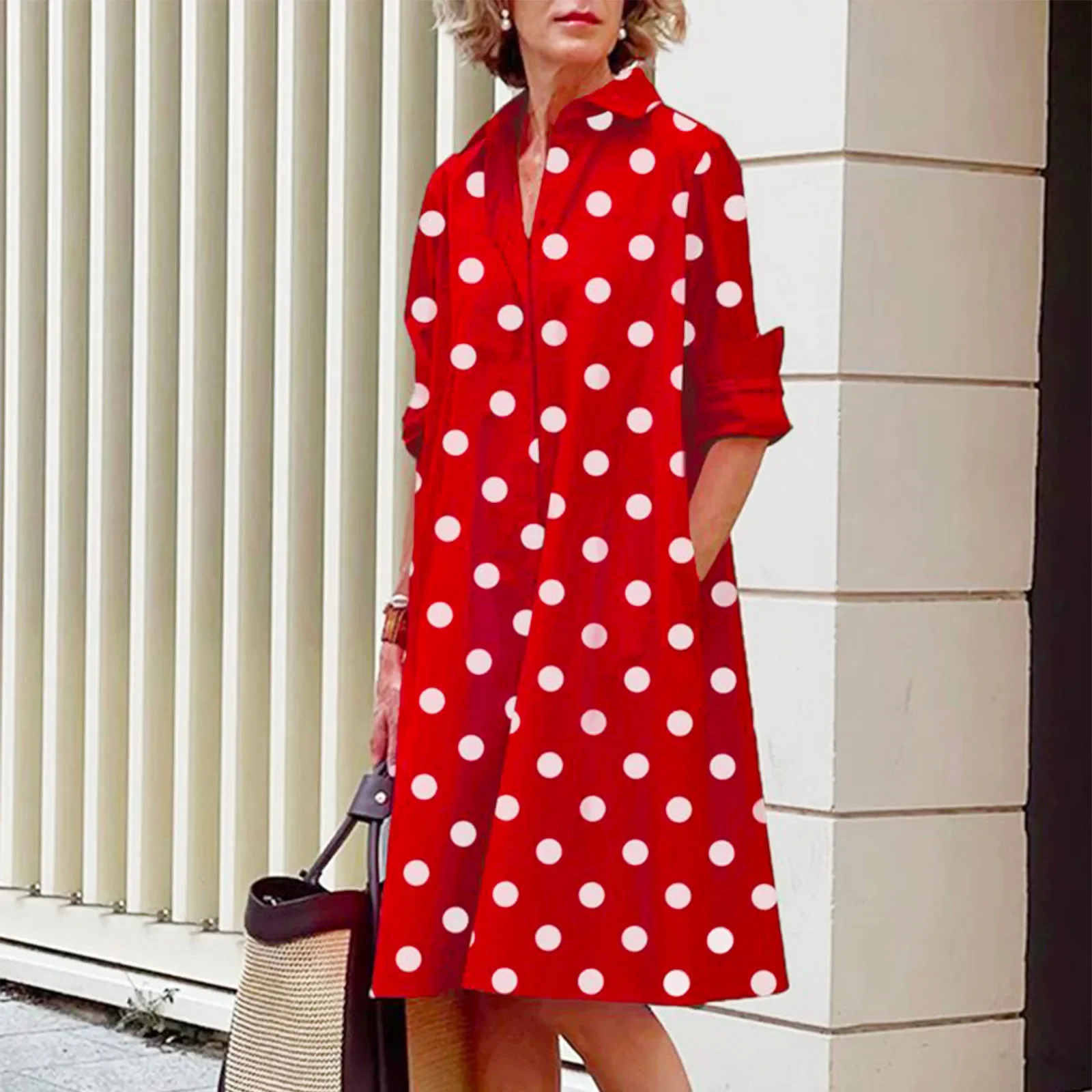 

Women Solid Shirt Dress Summer Fashion Casual Turn-down Collar Pocket Long Sleeve Midi Dresses Female Sexy Dot Dresses Vestidos