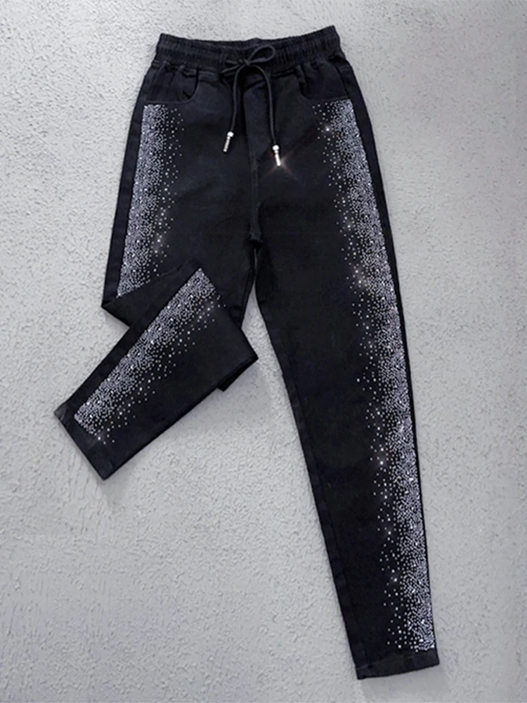 

Women's Elastic Waist Denim Pants Harlan Fashion Slimming Dad Jeans mid Stretch Sparkling Rhinestones Korean Style Cotton Str...