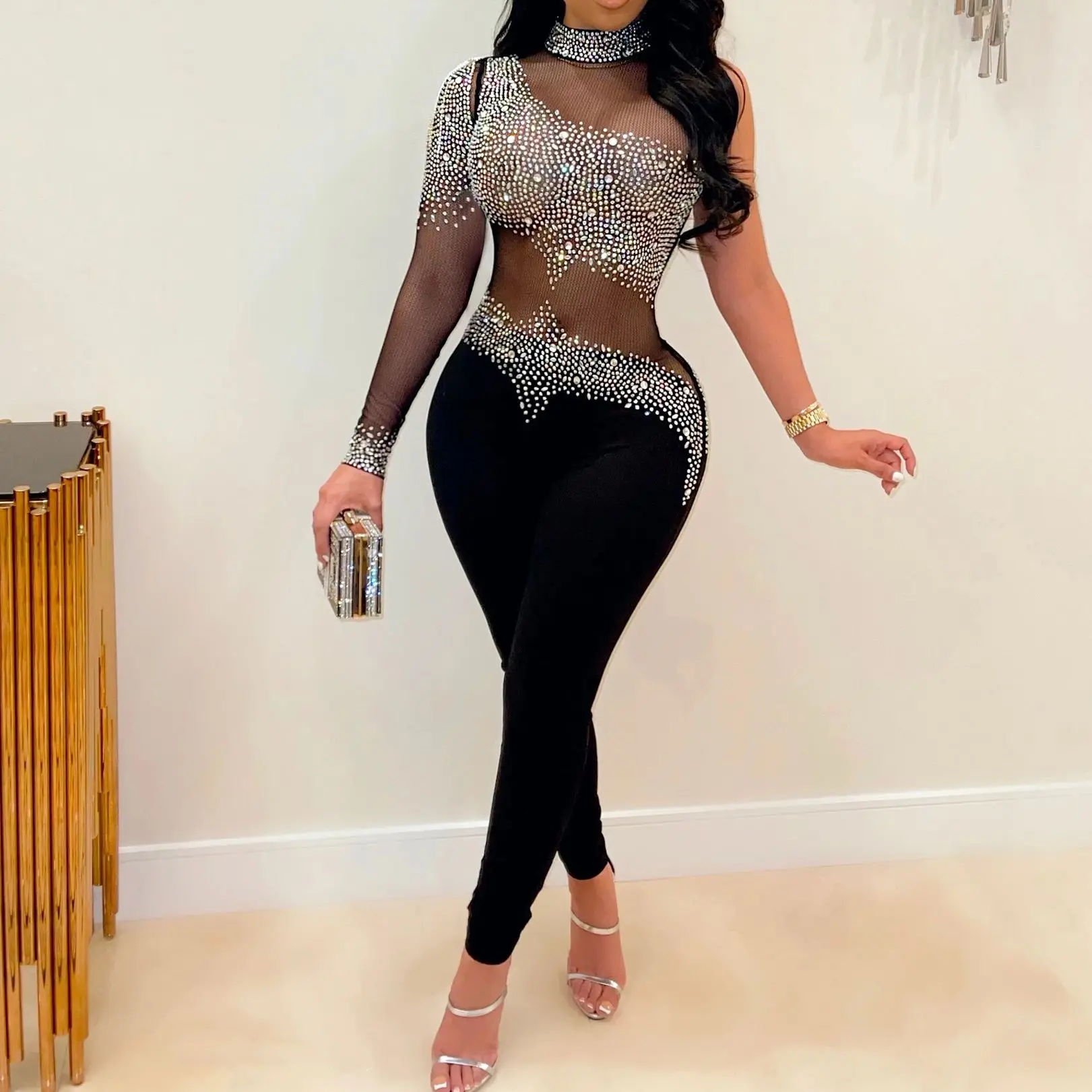 Sexy Club Sheer Rhinestone Jumpsuit Women One Piece Outfit 2023 Autumn Street Pencil Pants Female Luxury Elegant Playsuits