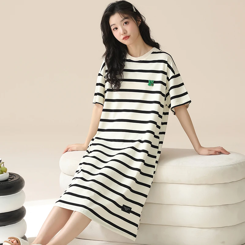 Black Strip Nightdress Plus Size Milk Korean Sleepshirt Silk Cotton Women Nightgowns Short Sleeve Casual Sleepwear Woman Leisure