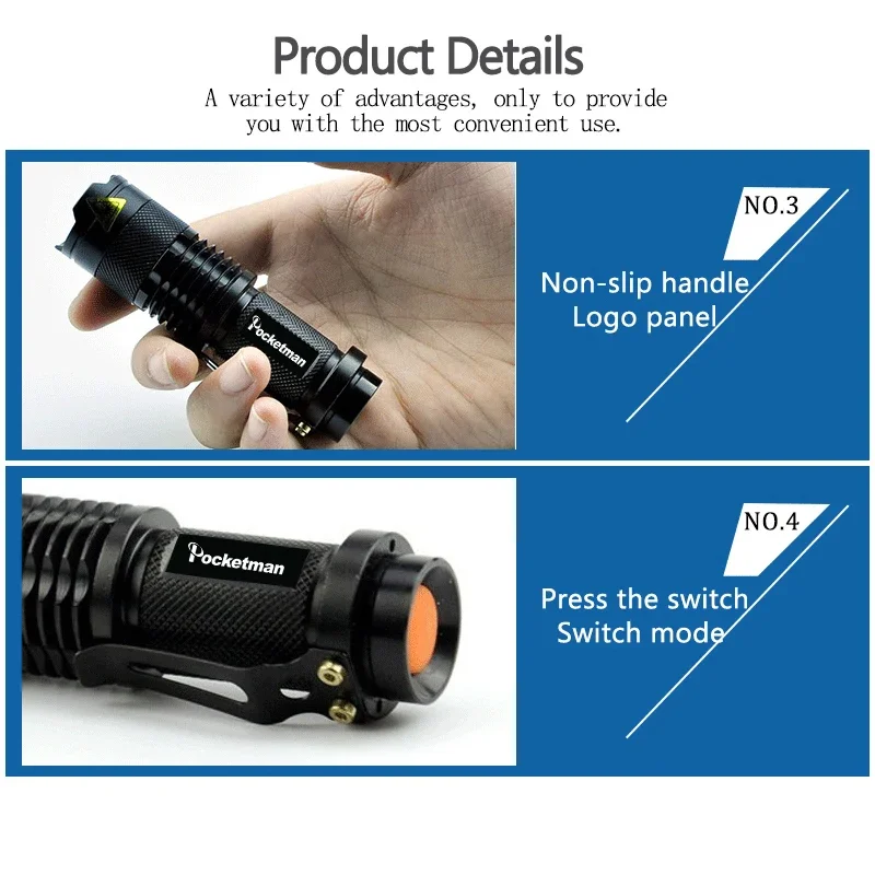 Powerful T6/Q5 LED Flashlight Adjustable Focus Zoomable Flashlights Waterproof Torch Tactical Flashlight for Camping Hiking