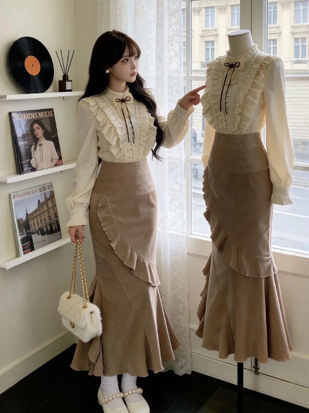 

Комплект из двух предметов Ele Gentle Wind: юбка-рыбий хвост и теплый весенний наряд для женщин с высокой талией и длинными рукавами