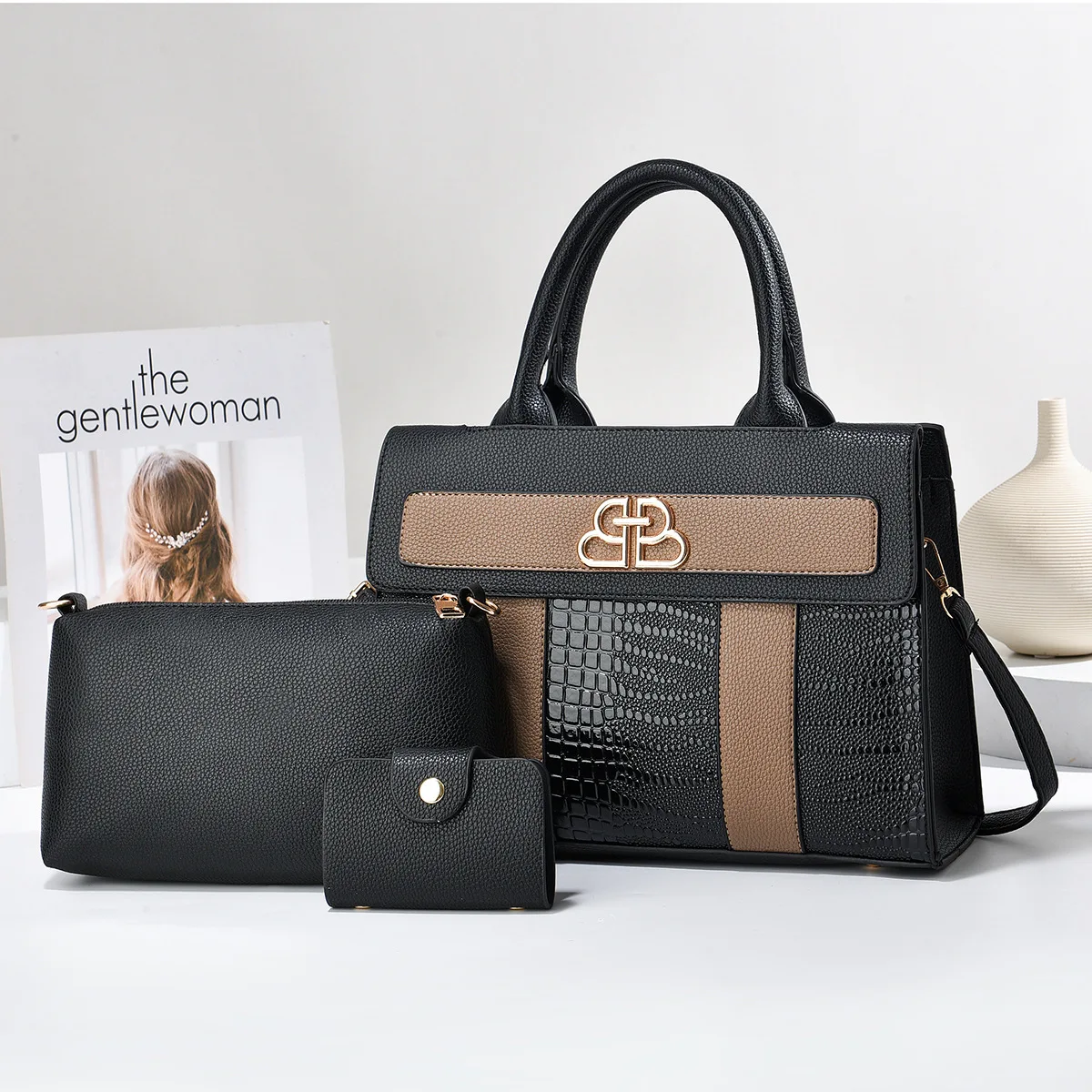 3 teile/satz Frauen Tote Handtasche Geldbörse mit Brieftasche Große Kapazität PU Leder Totes Weibliche Schulter Messenger Tasche Für Shopping Dating