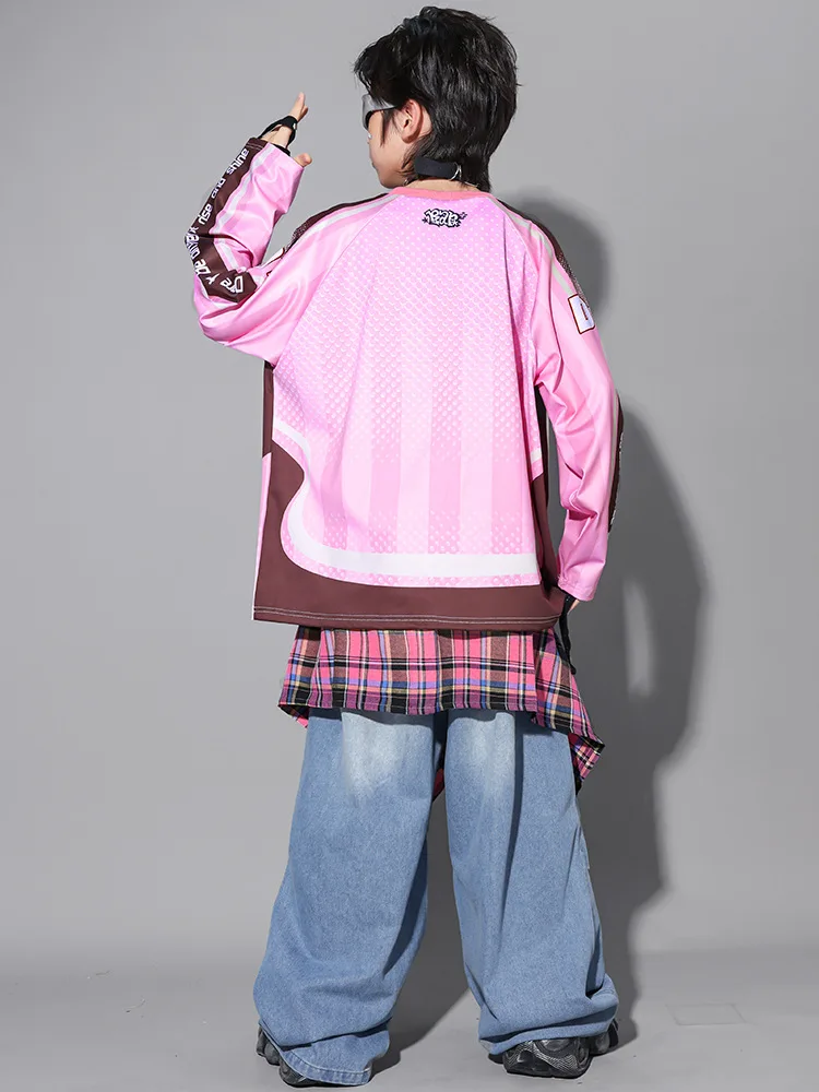 Kinder-Streetdance-Auftrittsoutfit Jungen Hip-Hop Denim-Kleidungsset Atmungsaktive Polyesterfaser Rundhals-Print-Design – Detail 8