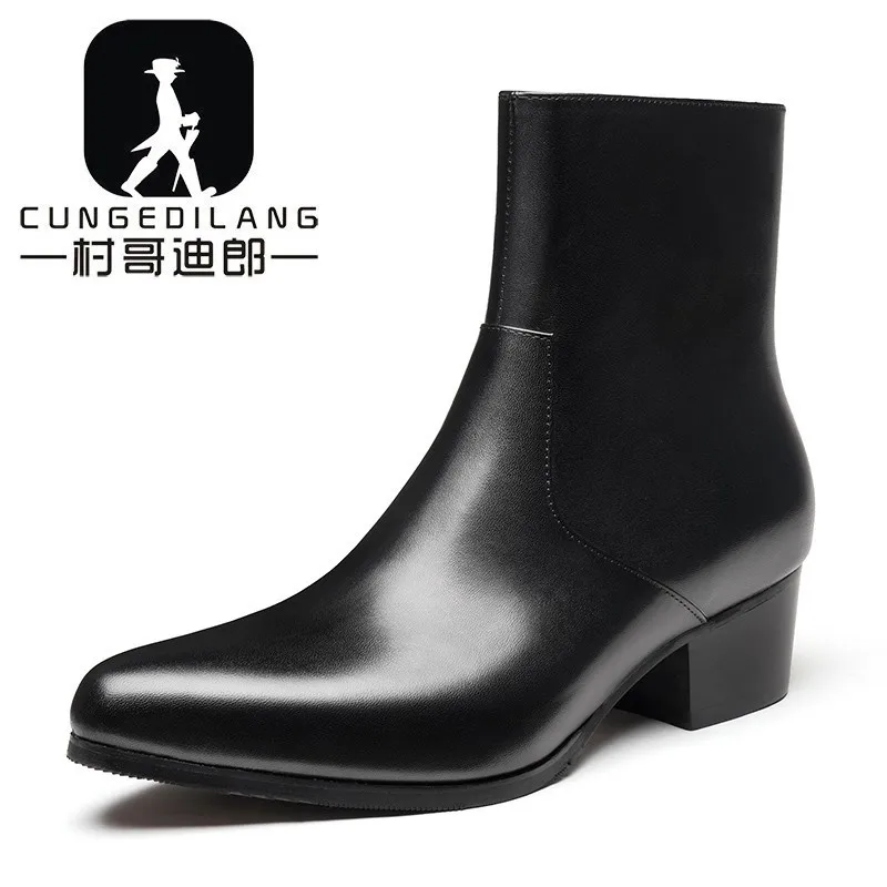 High Quality Fashion Men Ankle Boots Stylish Male Shoes High Heels Men Chelsea Boots Genuine Leather Side Zipper Male Shoes