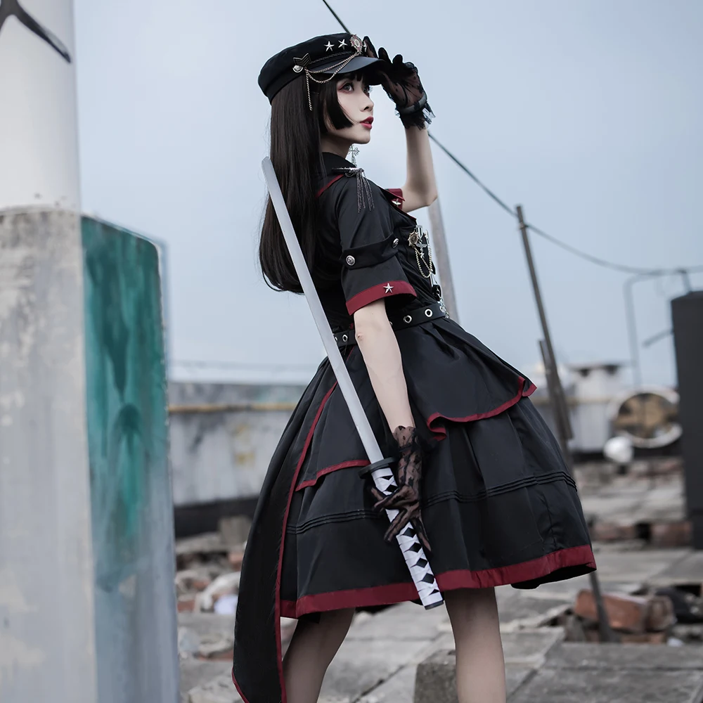 Melonshow Military Uniform Dress Black Japanese Gothic Lolita Skirt Victorian Dresses Women Kawaii Princess Dress