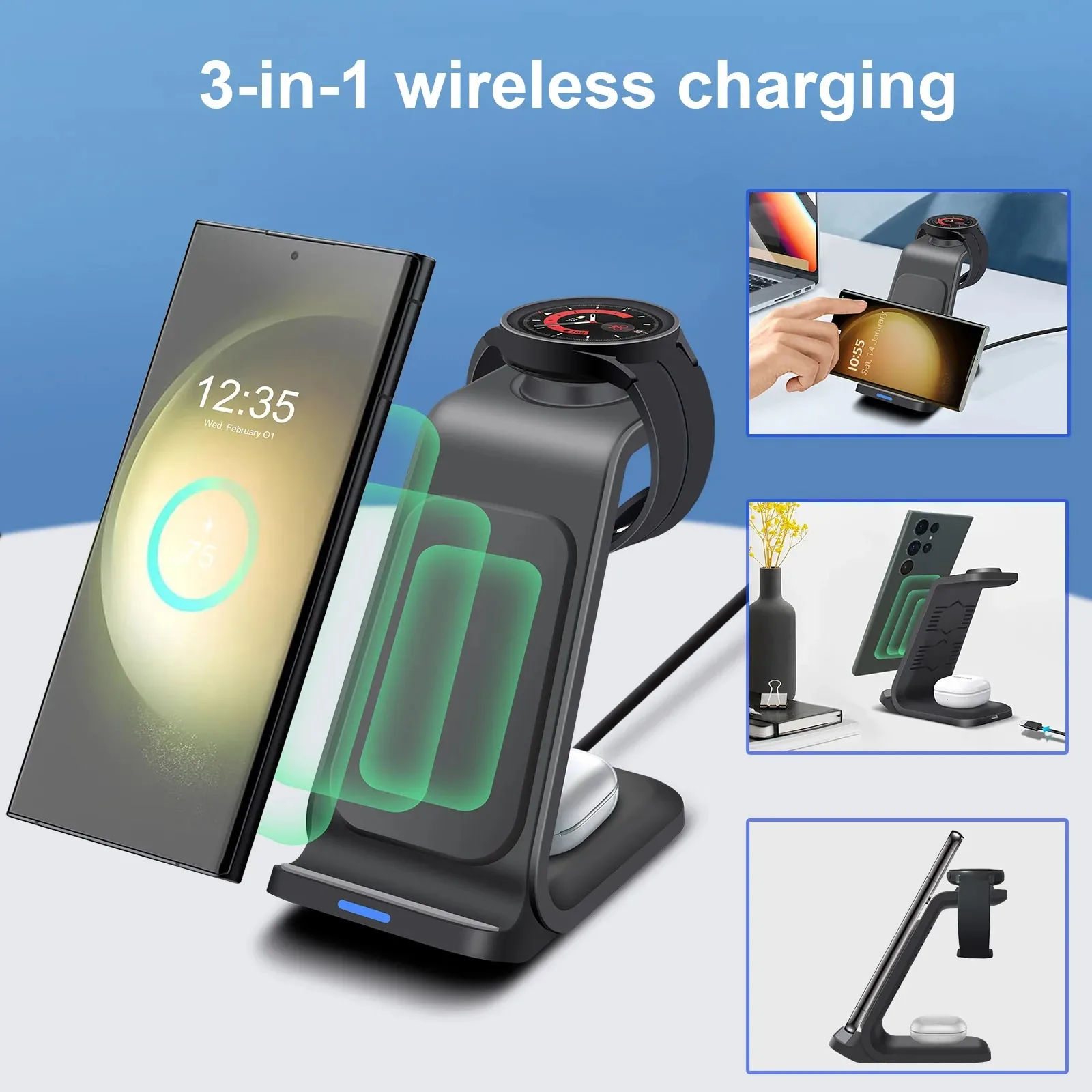 

Wireless Charger 3 in 1 Fast Charging Dock Station for Samsung S23 S22 Multiple Devices Stand for Galaxy Watch 6 5 4 Buds 2 Pro