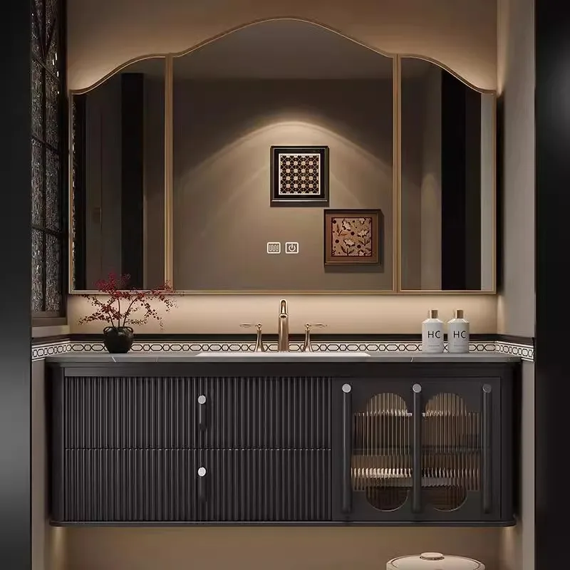 French retro rock slab seamless integrated basin bathroom cabinet combination modern American washbasin oak luxury stone