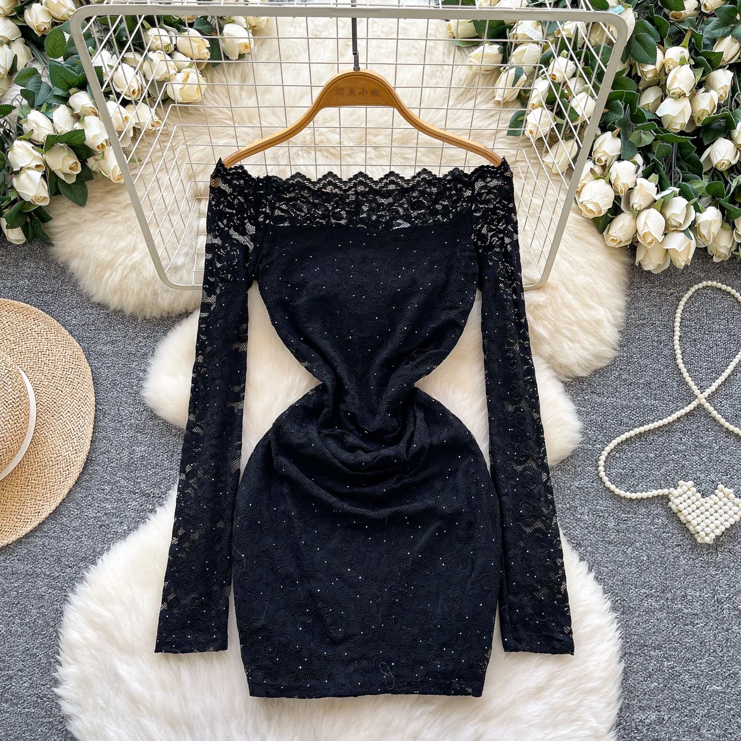 Bright Diamond Lace Long Sleeve Women's Dress Spring Pure and Seductive Style‌ Woman Clothes Off Shoulder Hip Package Dresses