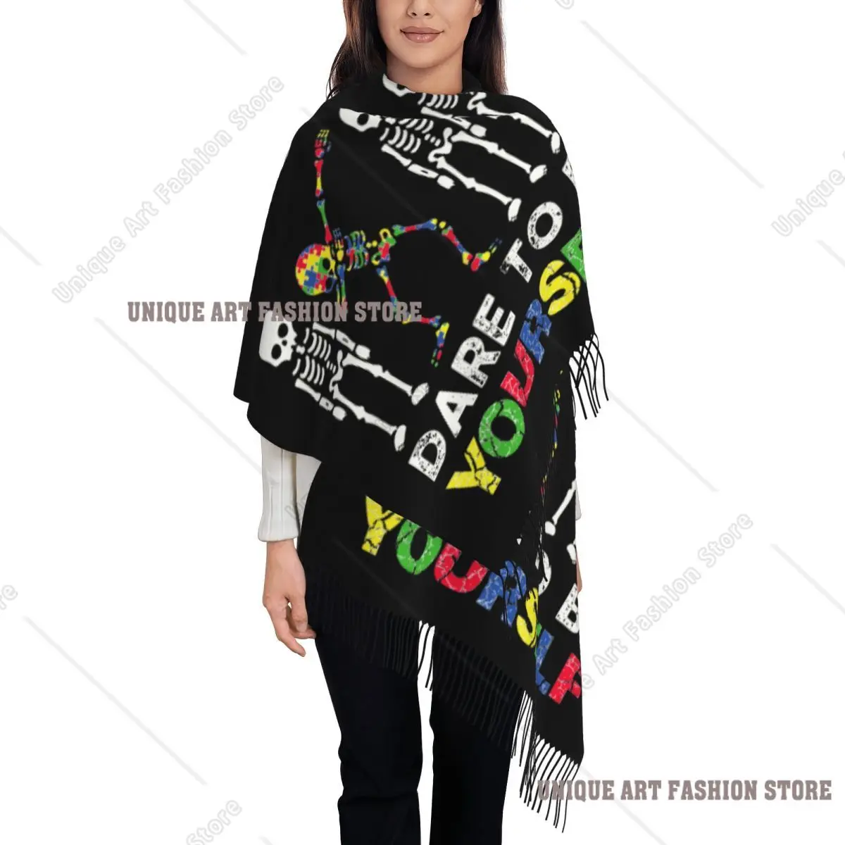 

Custom Dare To Be Yourself Skeleton Dabbing Autism Awareness Scarf Wrap Women Long Winter Warm Tassel Shawl Unisex Scarves