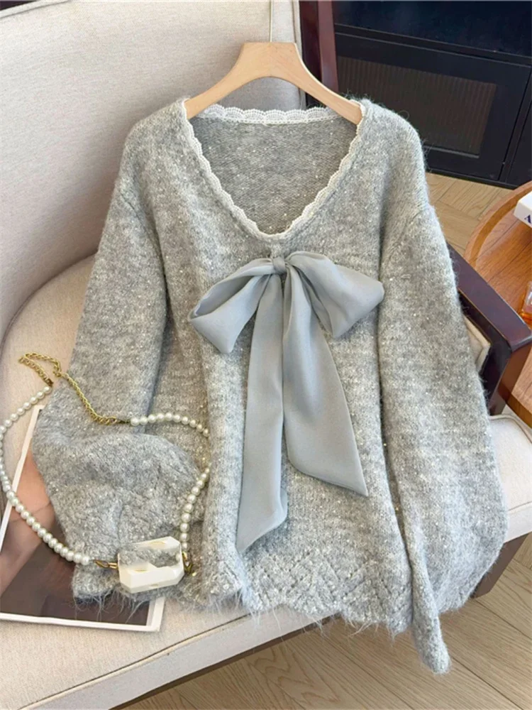 Maglione da donna di media lunghezza autunno inverno top eleganti pullover da donna moda francese fiocco in pizzo impiombato maglione con scollo a V