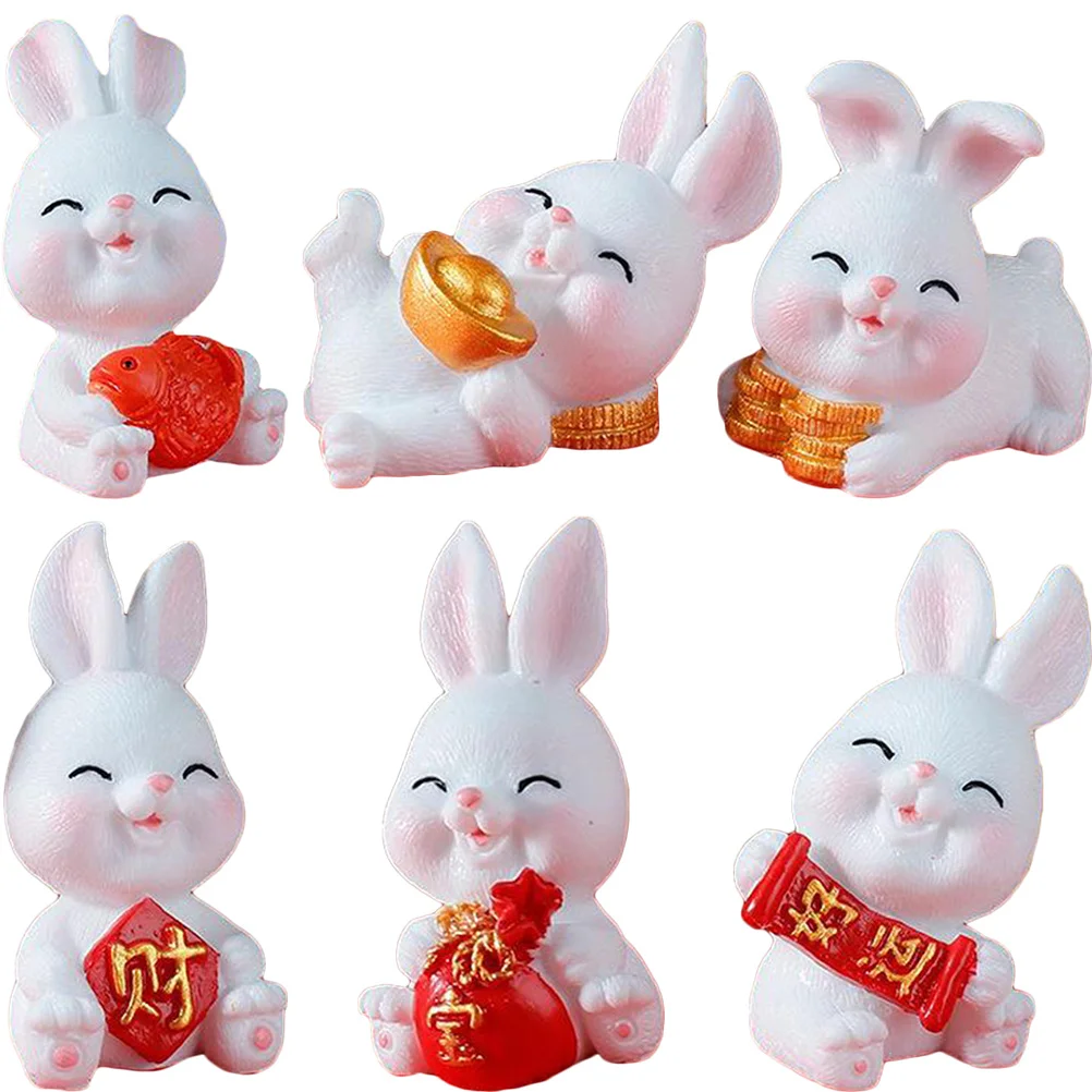6Pcs Resin Miniature Rabbit Year Decorations Cartoon Bunny Desktop Car Ornament Small Compact Micro Landscape Rabbit Figurine