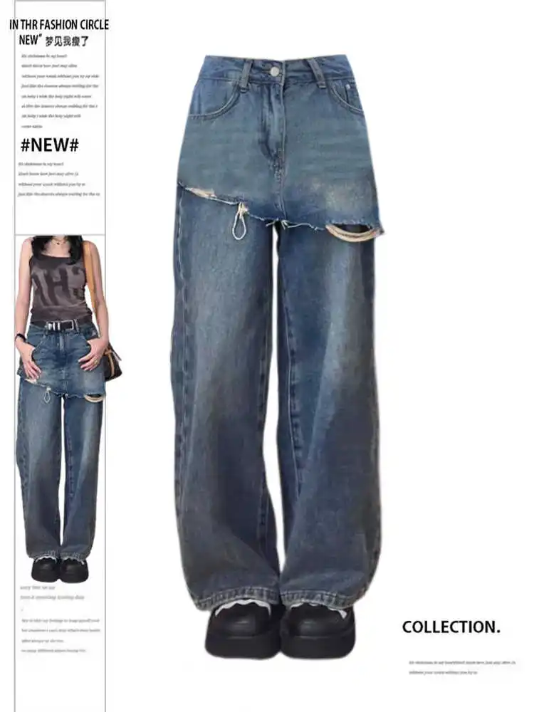 

Women's Blue Baggy Skirt Jeans Harajuku Vintage Y2k Wide Leg Denim Trouser Oversize Jean Long Pants Japanese 2000s Style Clothes